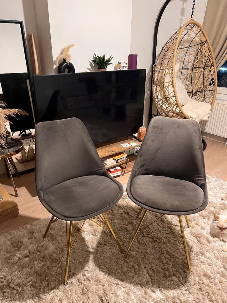 2 Velvet grey chairs with gold legs- Excellent condition, Huis en Inrichting, Stoelen, Zo goed als nieuw, Eén, Metaal, Grijs, Ophalen