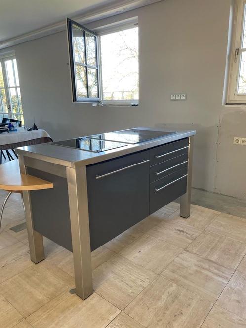 Keukenblok, Huis en Inrichting, Keuken | Complete keukens, Gebruikt, Enkelwandige keuken, Grijs, Staal of Rvs, Met kookeiland