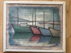 Schilderij op doek Boten in de haven Andr. Hartsuiker, Gebruikt, Oorspronkelijke maker, Ophalen of Verzenden, Schilderij