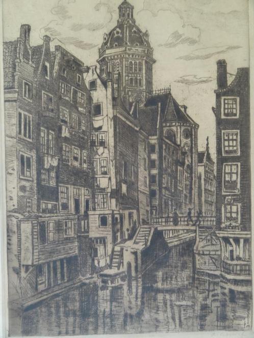ets Nicolaaskerk vanuit Oudezijds Kolk Amsterdam A. Boon, Antiek en Kunst, Kunst | Etsen en Gravures, Verzenden