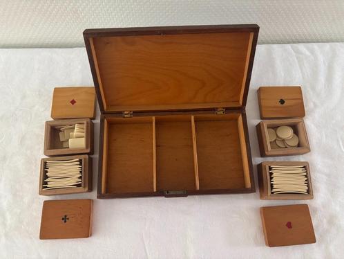 Antieke houten bridgedoos  speelkaartenkist met fiches., Antiek en Kunst, Curiosa en Brocante, Ophalen of Verzenden