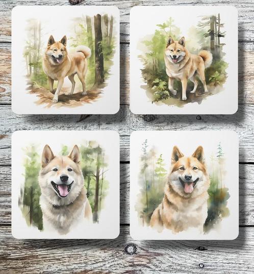 Noorse Buhund Aquarel onderzetters met houder, Huis en Inrichting, Woonaccessoires | Onderzetters, Nieuw, Glas of Kopje, Ophalen of Verzenden