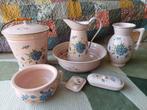 Uniek: 7 delige rose emaille set met blauwe bloemenopdruk., Antiek en Kunst, Antiek | Emaille, Ophalen of Verzenden