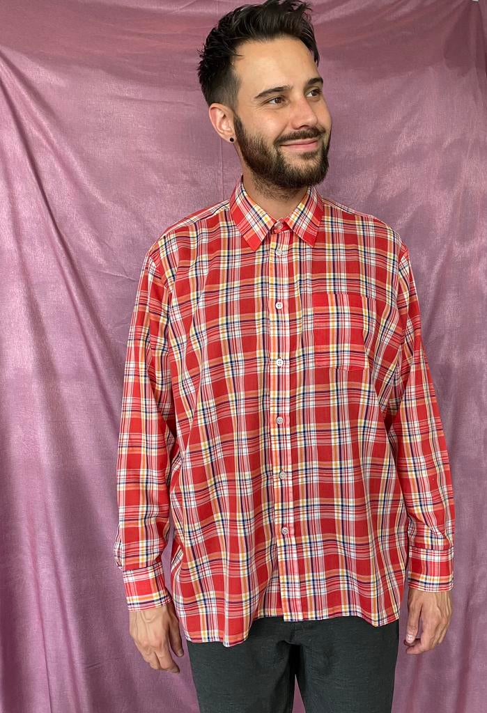 Vintage 70's overhemd - shirt - print - checkered - rood - L, Kleding | Heren, Overhemden, Hgv, Vintage, Ophalen of Verzenden