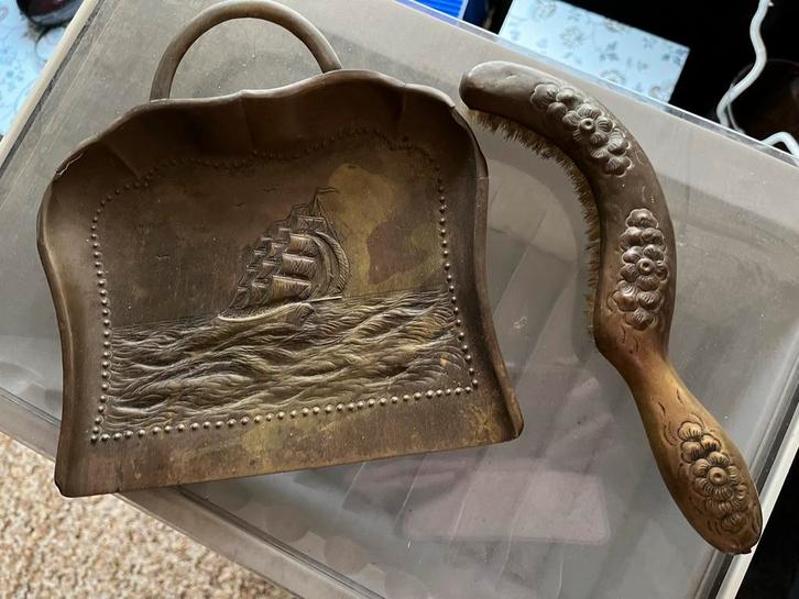 Antieke Koperen Stoffer en Blik met Scheepsmotief, Antiek en Kunst, Antiek | Koper en Brons, Koper, Ophalen of Verzenden