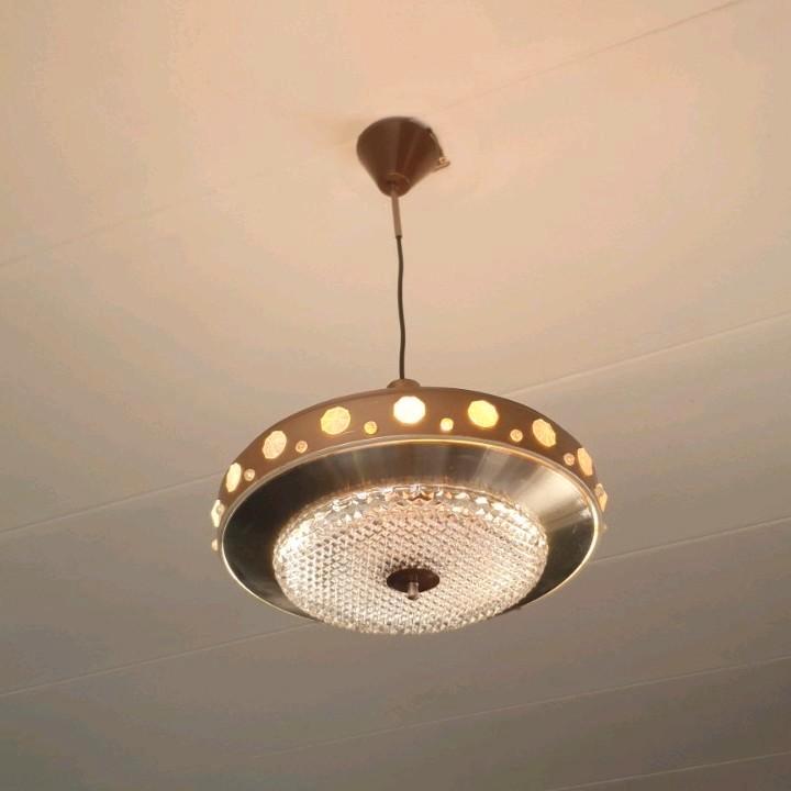 Retro ufo lamp jaren 70, Huis en Inrichting, Lampen | Plafondlampen, Gebruikt, Glas, Kunststof, Metaal, Ophalen