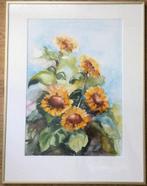 Mooi schilderij aquarel met zonnebloemen, gesigneerd., Ophalen of Verzenden