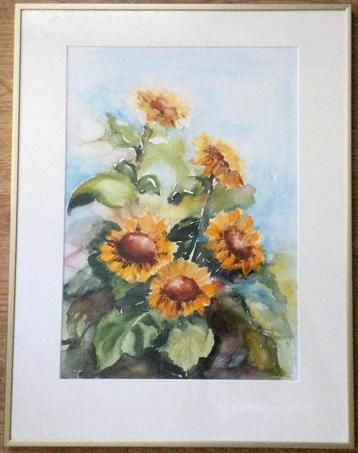 Mooi schilderij aquarel met zonnebloemen, gesigneerd.  beschikbaar voor biedingen