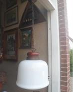 Grote hanglamp plafondlamp opaline glas hout brons 1 m. lang, Ophalen of Verzenden, Gebruikt, Glas