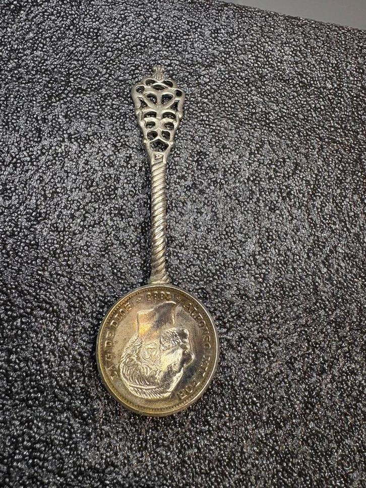 Antieke souvenirlepel Alfonso XIII Spanje – 1898 –verzilverd, Antiek en Kunst, Antiek | Goud en Zilver, Zilver, Verzenden