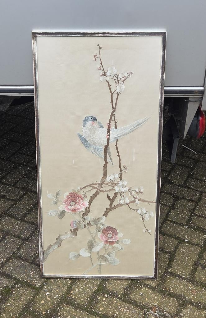 Geborduurd op zijde papegaai tak bloesem Japans, Ophalen