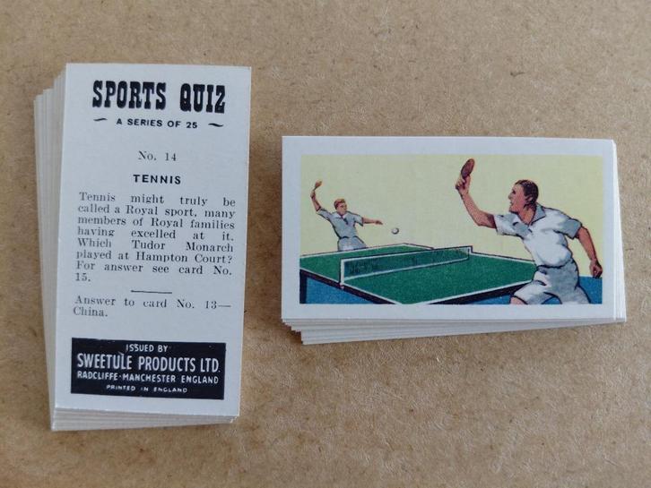Sports Quiz complete set 25 kauwgomplaatjes 1958 Sweetule, Verzamelen, Sportartikelen en Voetbal, Poster, Plaatje of Sticker, Overige sporten