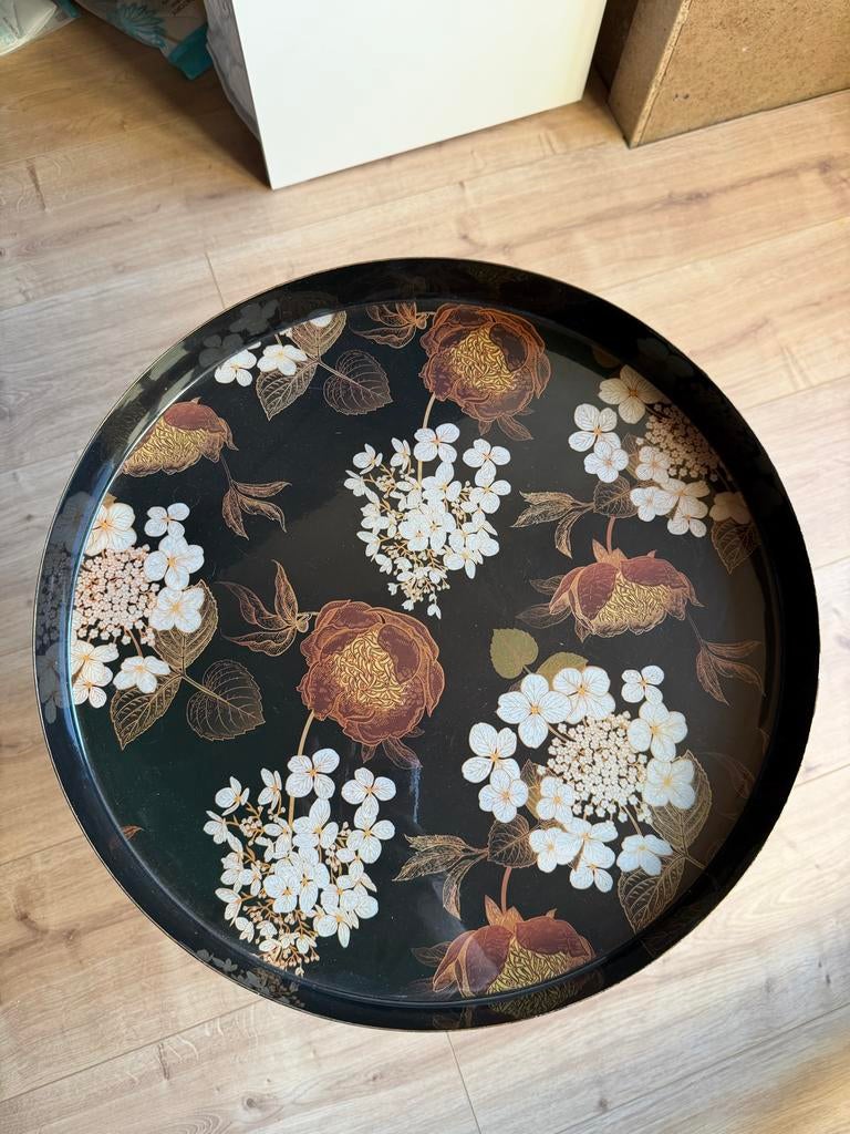 Stijlvolle Bijzettafel met Bloemenprint - Rond & Goud, Ophalen, Minder dan 45 cm, Minder dan 55 cm, Metaal of Aluminium