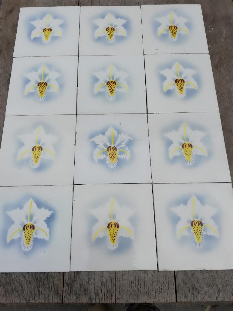 60 Art nouveau wandtegels met afbeelding lelie grijs/blauw, Ophalen