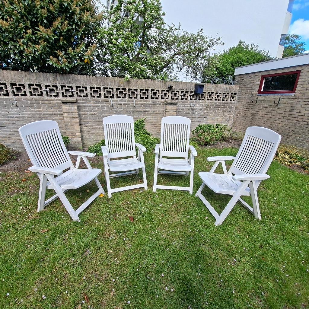 Tuinstoelen 4 st verstelbaar kunststof wit, Ophalen, Gebruikt, Kunststof, Verstelbaar