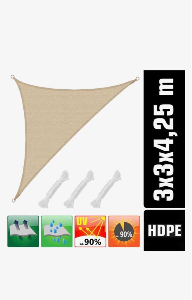 Driehoekig Tuin Doek - Zandkleurig HDPE Zonnescherm 3x3x4,25, Ophalen of Verzenden, Zo goed als nieuw
