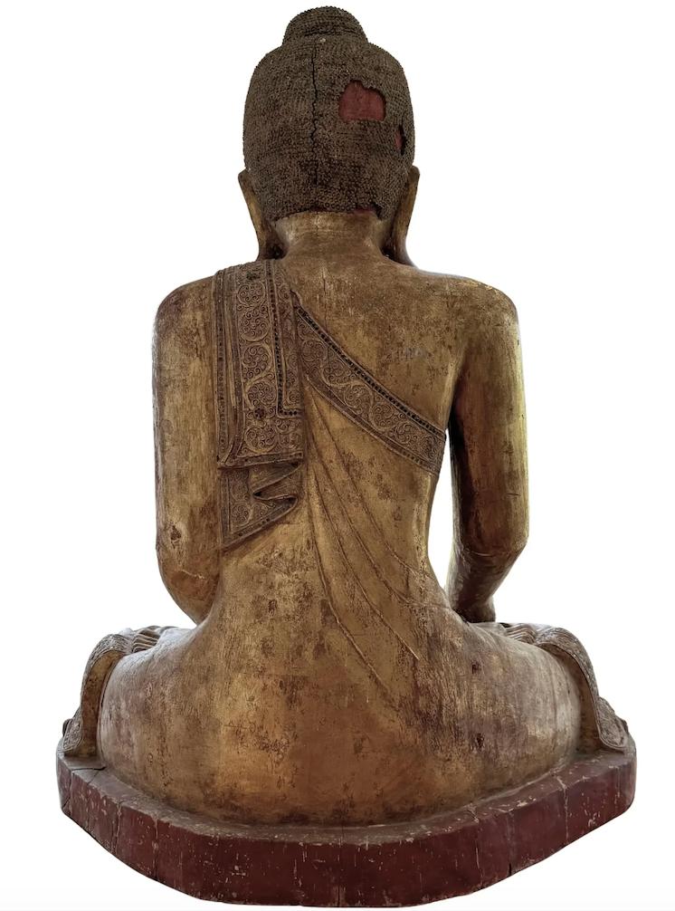 Grote Antieke Houten Boeddha 120 – Mandalay ingelegde ogen, Ophalen of Verzenden