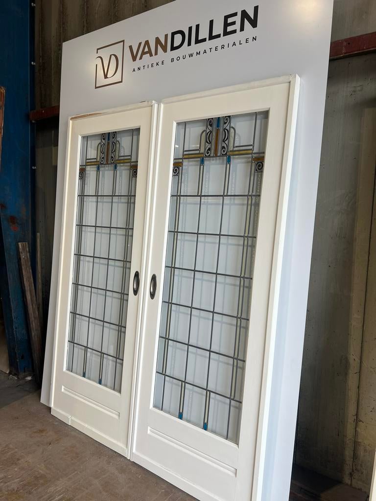 Antieke ensuite schuifdeuren glas in lood met motief, Doe-het-zelf en Verbouw, Deuren en Horren, Binnendeur, Ophalen of Verzenden