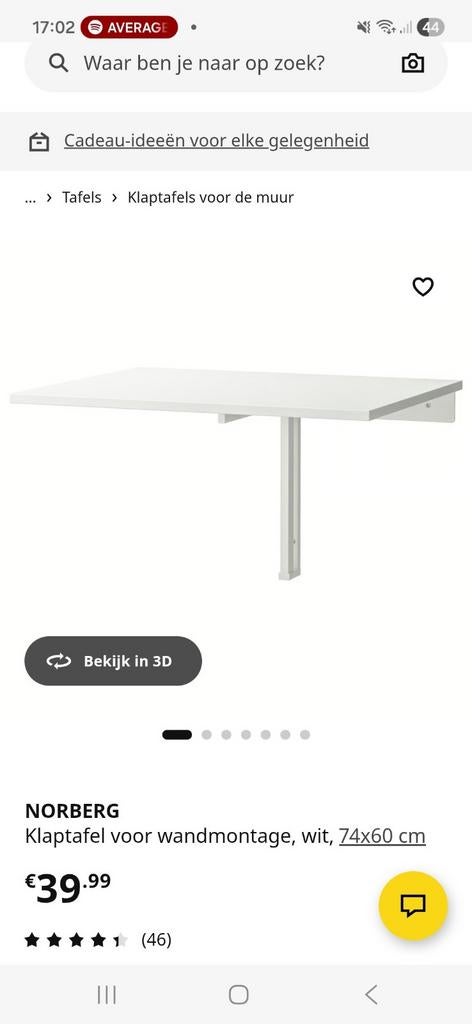 IKEA NORBERG Klaptafel voor wandmontage, wit, Ophalen, Gebruikt, Minder dan 75 cm, 50 tot 75 cm