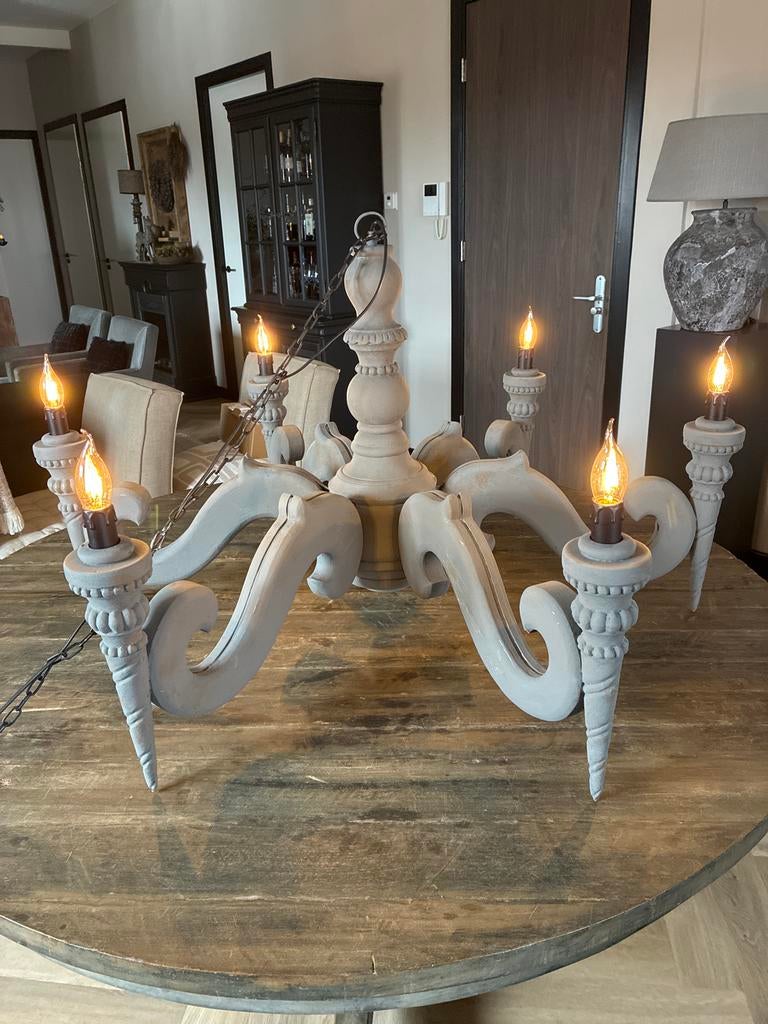 Grijze Hoffz kroonluchter diameter 110  cm, Huis en Inrichting, Lampen | Kroonluchters, Ophalen of Verzenden, Gebruikt, Hout
