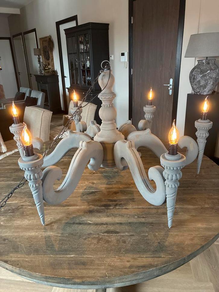 Grijze Hoffz kroonluchter diameter 110  cm, Huis en Inrichting, Lampen | Kroonluchters, Gebruikt, Hout, Ophalen of Verzenden