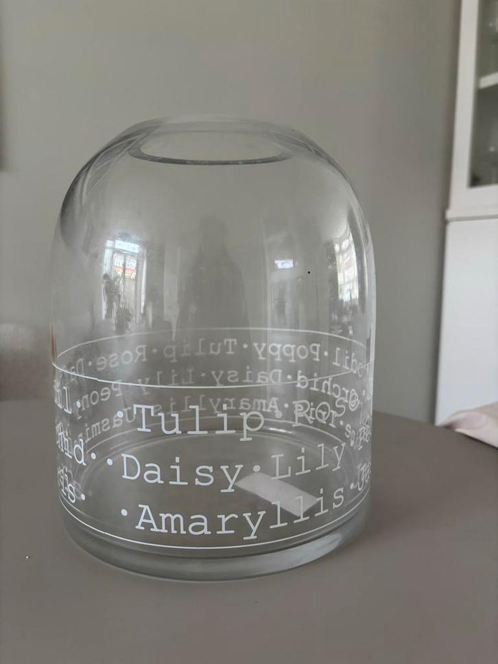 Glazen vaas met bloemennamen, Huis en Inrichting, Woonaccessoires | Vazen, Gebruikt, Overige kleuren, Minder dan 50 cm, Glas, Ophalen