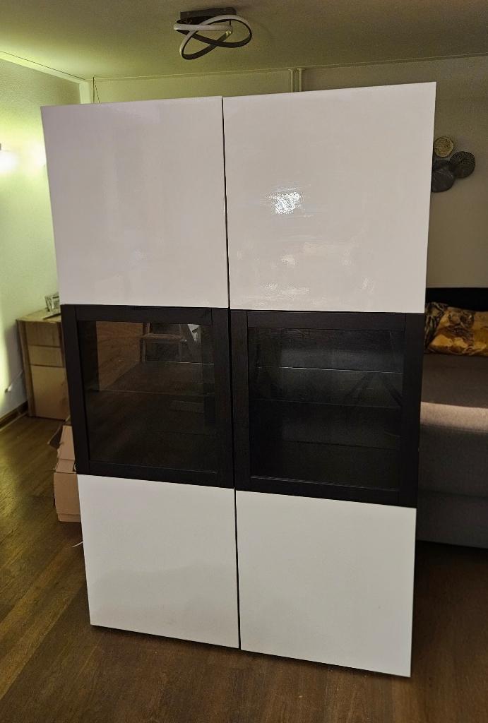 BESTÅ opbergkast zwartbruin/wit hoogglans, Ophalen, Opbergcombinatie met glazen deuren, 100 tot 150 cm, Glas
