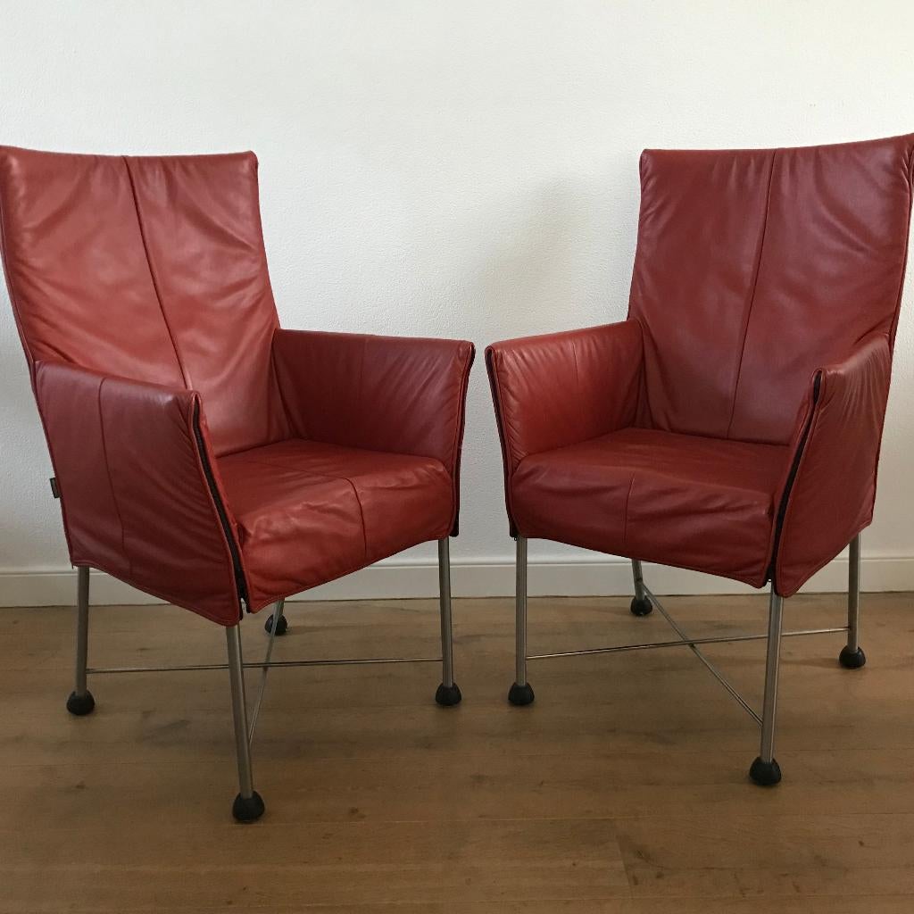Set 2 IZGS Montis Chaplin design stoel modern rood leer, Leer, Ophalen of Verzenden, Zo goed als nieuw, Nvt