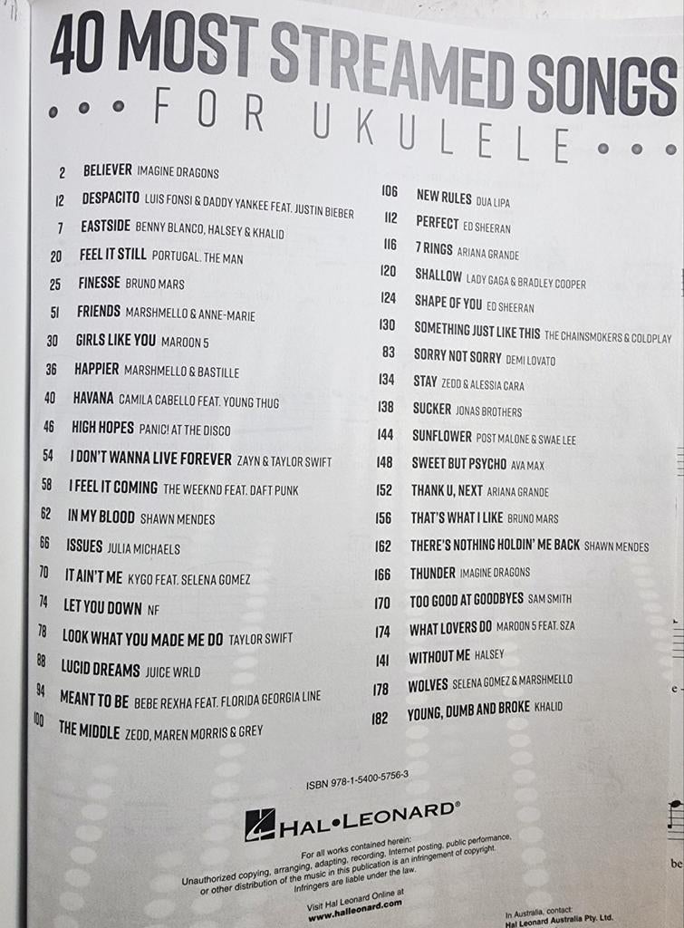 40 Most Streamed Songs for Ukulele bladmuziek, Zo goed als nieuw, Thema, Populair, Overige instrumenten