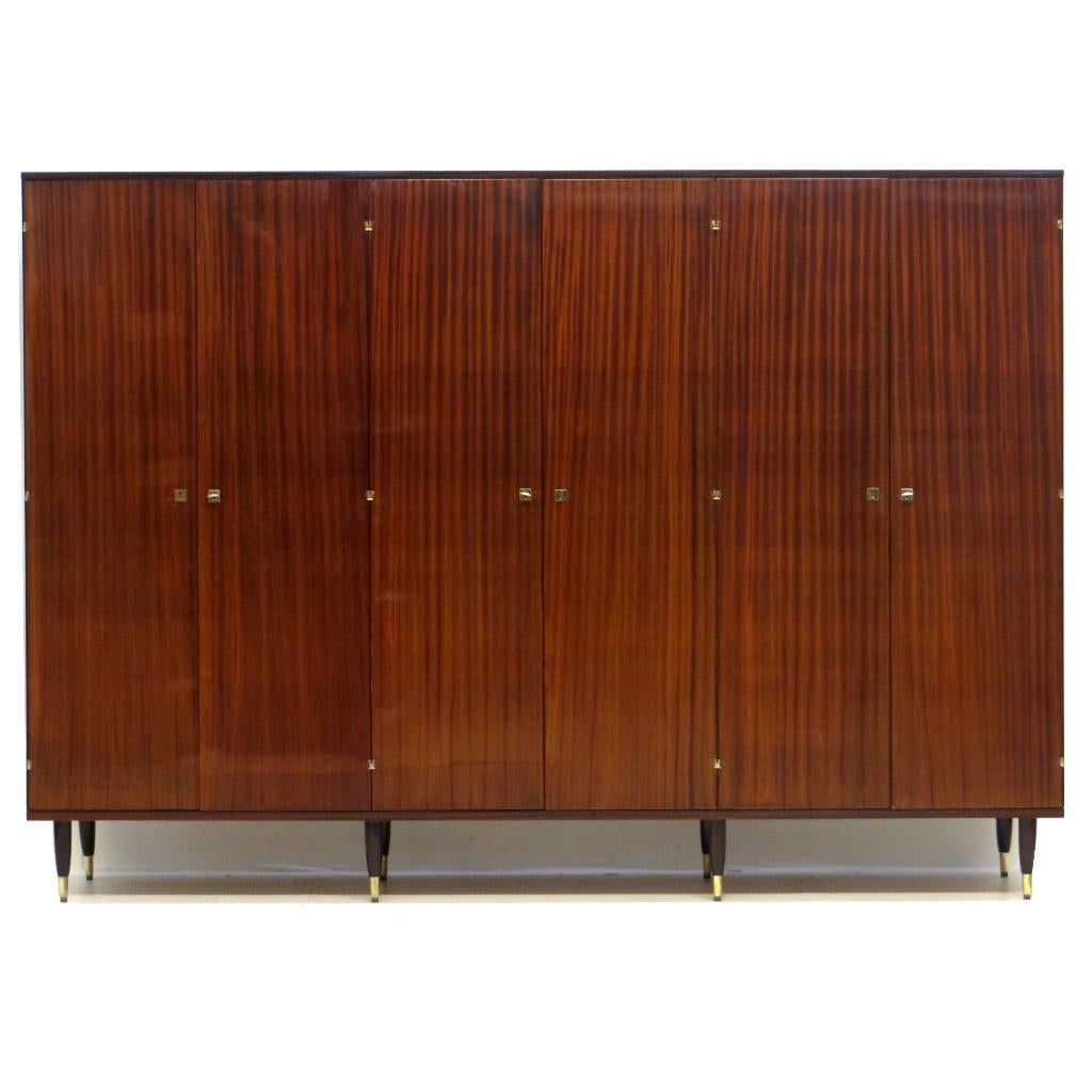 Grote vintage 6-deurs kledingkast in teak uit de jaren 60, Met deur(en), Teakhout, Vintage, mid century, design, Ophalen of Verzenden
