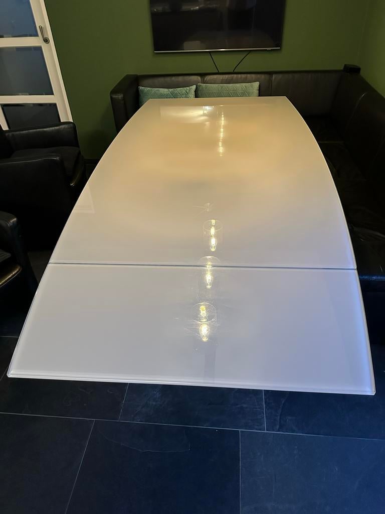 Uitschuifbare eettafel, Huis en Inrichting, Tafels | Eettafels, Ophalen, Gebruikt, 50 tot 100 cm, Glas