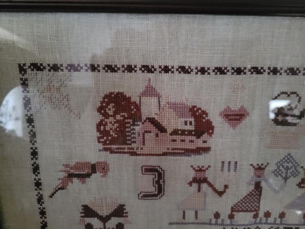 vintage ingelijste merklap uit 1973 hand gemaakt, Ophalen of Verzenden