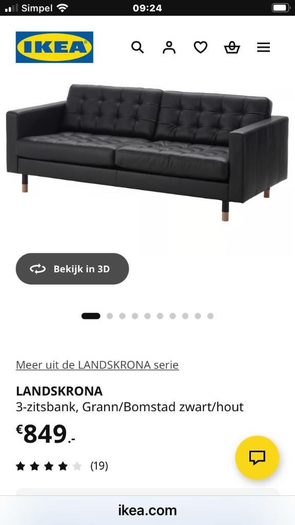 IKEA Landskrona 3-zits bank + voetenbank - zwart leer, Huis en Inrichting, Ophalen, Gebruikt, Klassiek, Tweepersoons