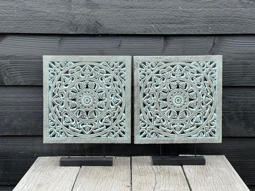 Houtsnijwerk panelen licht groen op pootjes, woondecoratie, Huis en Inrichting, Groen, Hout, Ophalen of Verzenden, Oosters