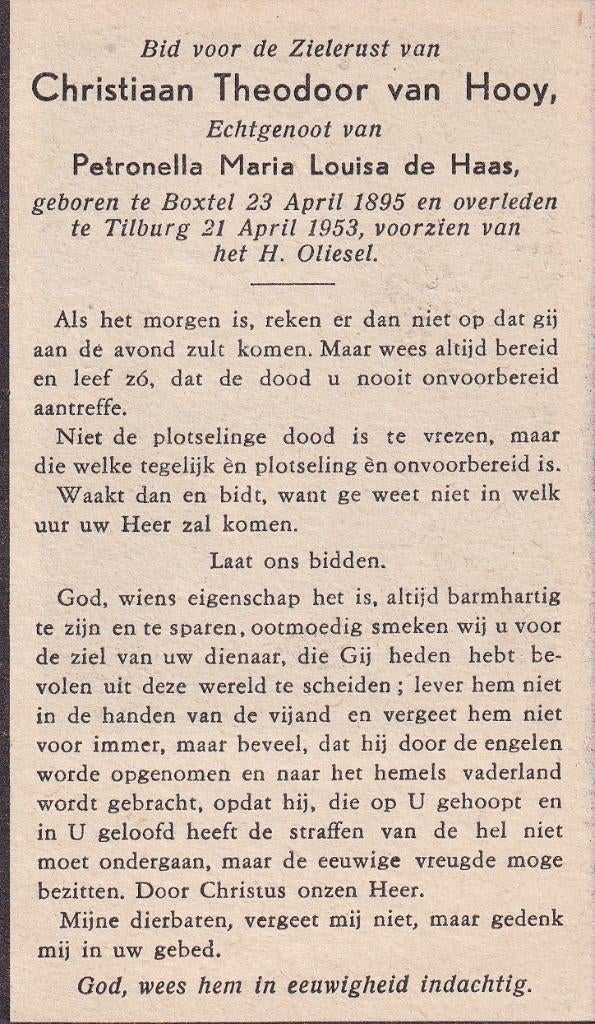 Hooy Christiaan 1895 Boxtel 1953 Tilburg, Ophalen of Verzenden, Bidprentje