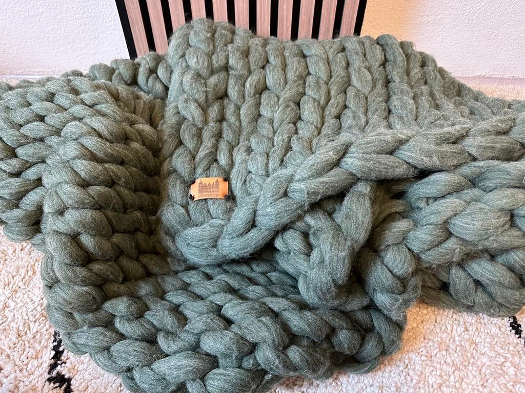 Plaid grof gebreid wol groen 135x110 cm, Ophalen of Verzenden, Zo goed als nieuw