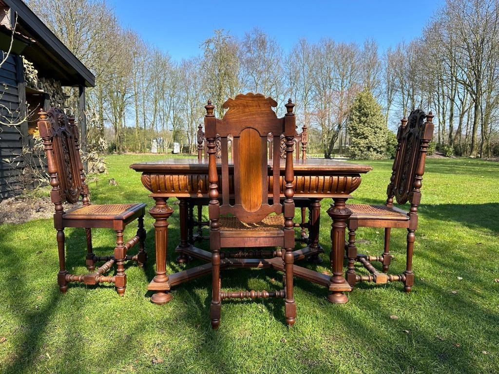 Antieke eettafel plus 5 stoelen, Antiek en Kunst, Ophalen