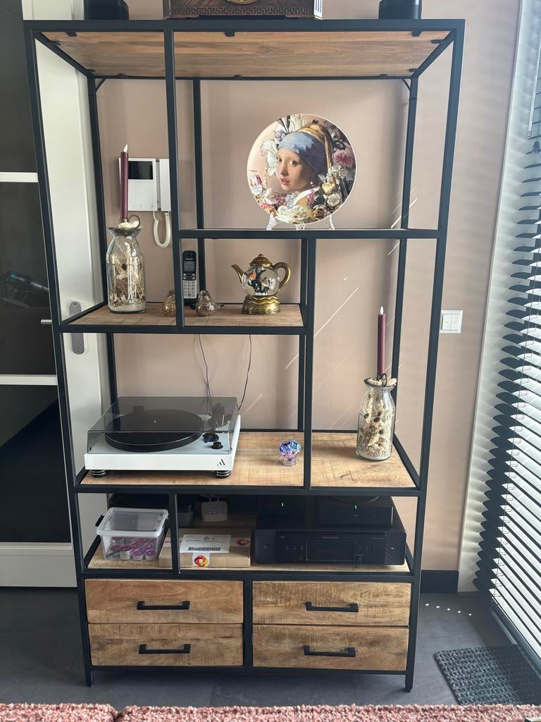 Vakkenkast mangohout met metalen frame en lades, Ophalen, Gebruikt, 100 tot 150 cm, Met lade(s)