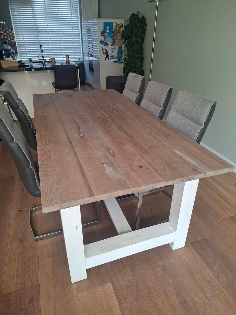 MOET WEG: Houten eettafel met wit onderstel, Huis en Inrichting, Tafels | Eettafels, Ophalen, Rechthoekig, 200 cm of meer, 50 tot 100 cm