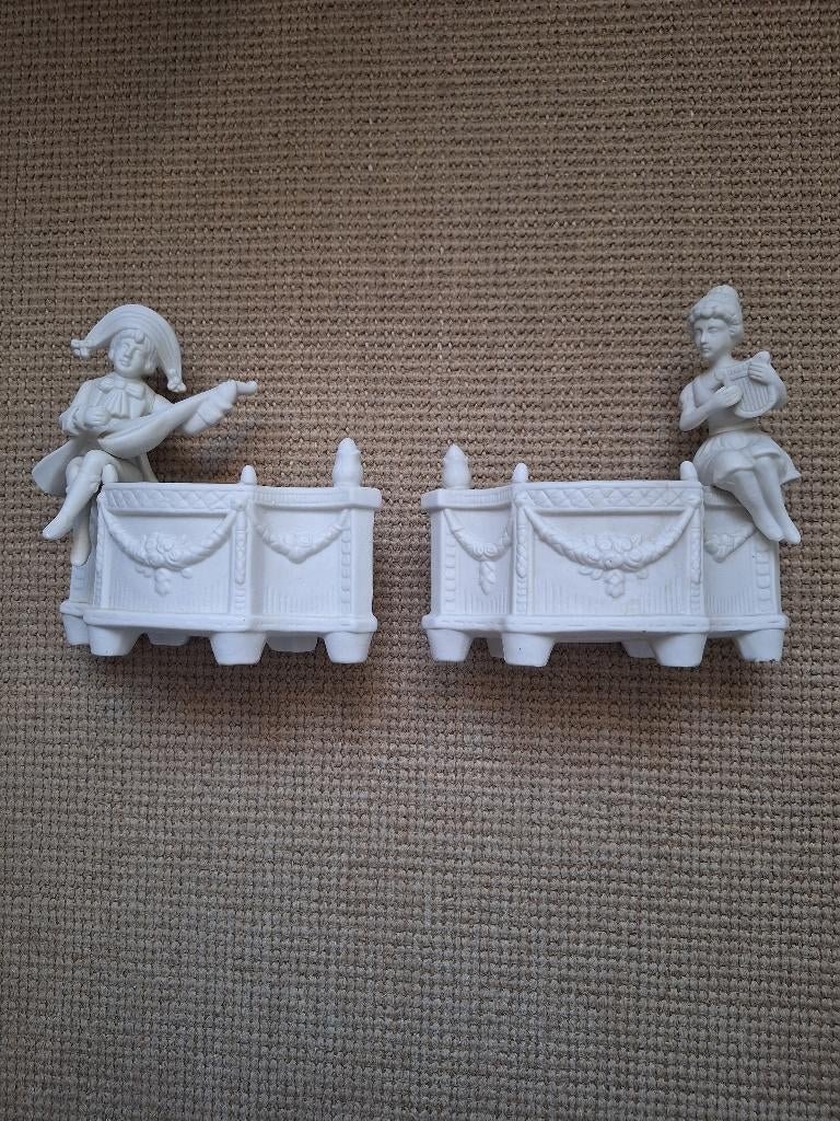 Antieke bisque porselein jardinières Luit- & Harpspeel(st)er, Ophalen of Verzenden