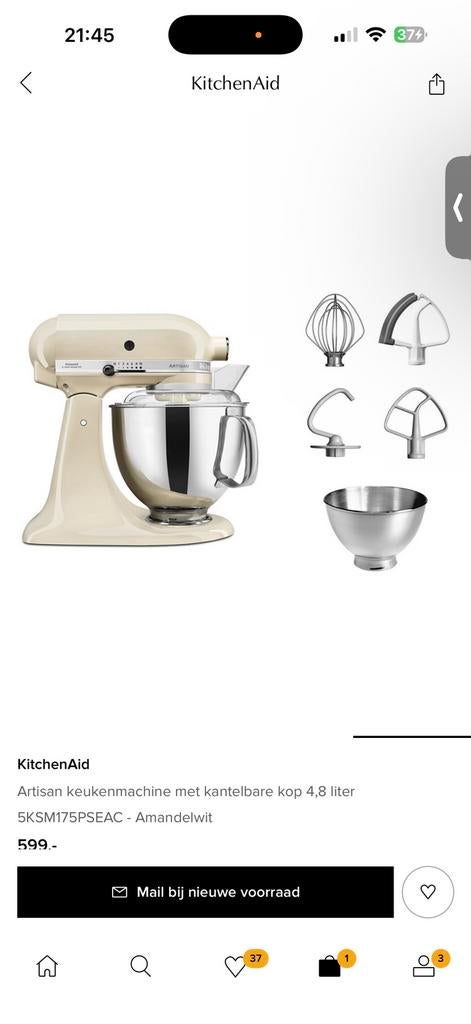 KitchenAid Artisan keukenmachine 4,8 liter, 4 liter of meer, Ophalen of Verzenden, Nieuw, 3 snelheden of meer