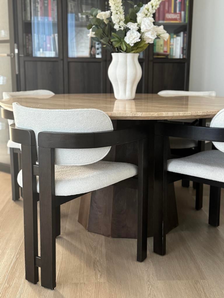 Travertin eettafel met 4 teddy stoelen, Ophalen, Overige materialen, 150 tot 200 cm, Rond