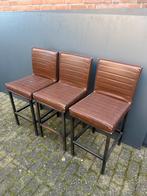 3 barkrukken met rugleuning - bruin leer en metaal, Gebruikt, 60 tot 90 cm, Leer, Ophalen of Verzenden