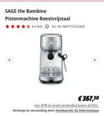 SAGE the Bambino Pistonmachine Roestvrijstaal - Zo goed als, Stoompijpje, Espresso apparaat, Gemalen koffie, Ophalen of Verzenden