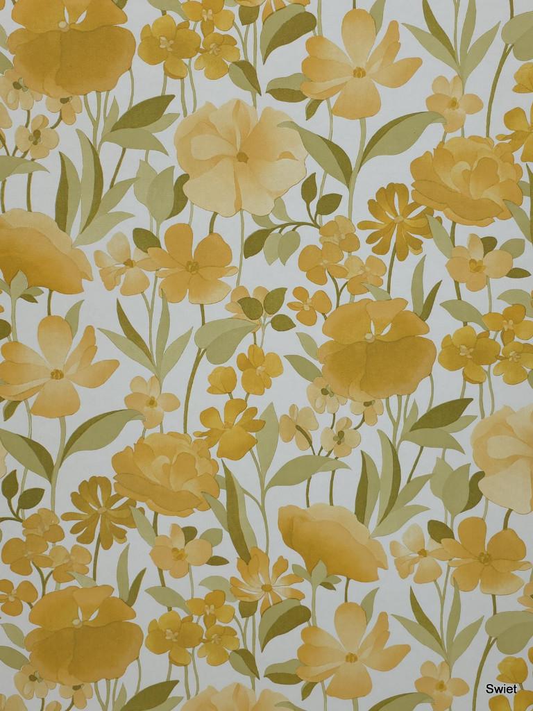 14181 vintage bloemen behang in oker en khaki swiet, Ophalen of Verzenden, 50 tot 75 m², Groen