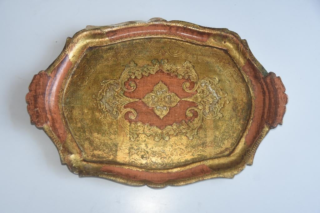 Vintage Florentijns dienblad met handvatten goud koper, Verzenden, Gebruikt, Rechthoekig, Hout