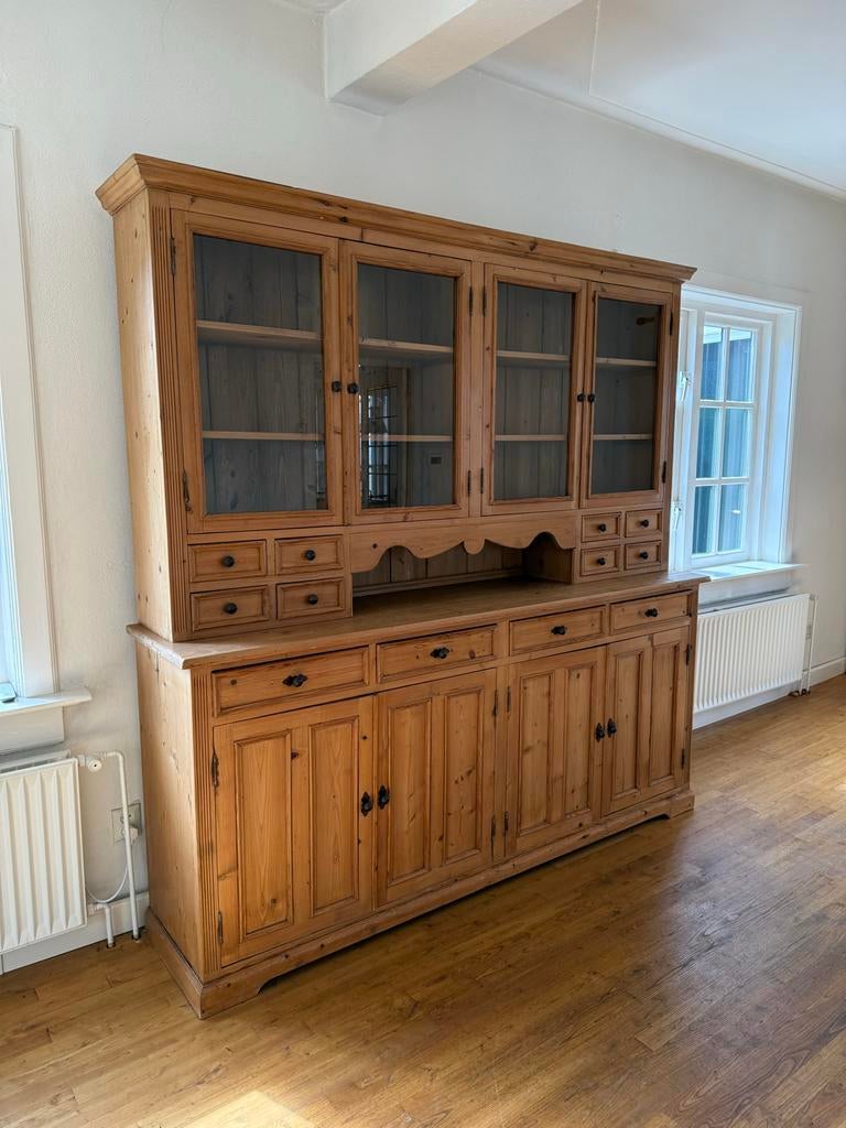 Grenen houten buffetkast met vitrine en lades, Ophalen, Gebruikt, 200 cm of meer, 150 tot 200 cm