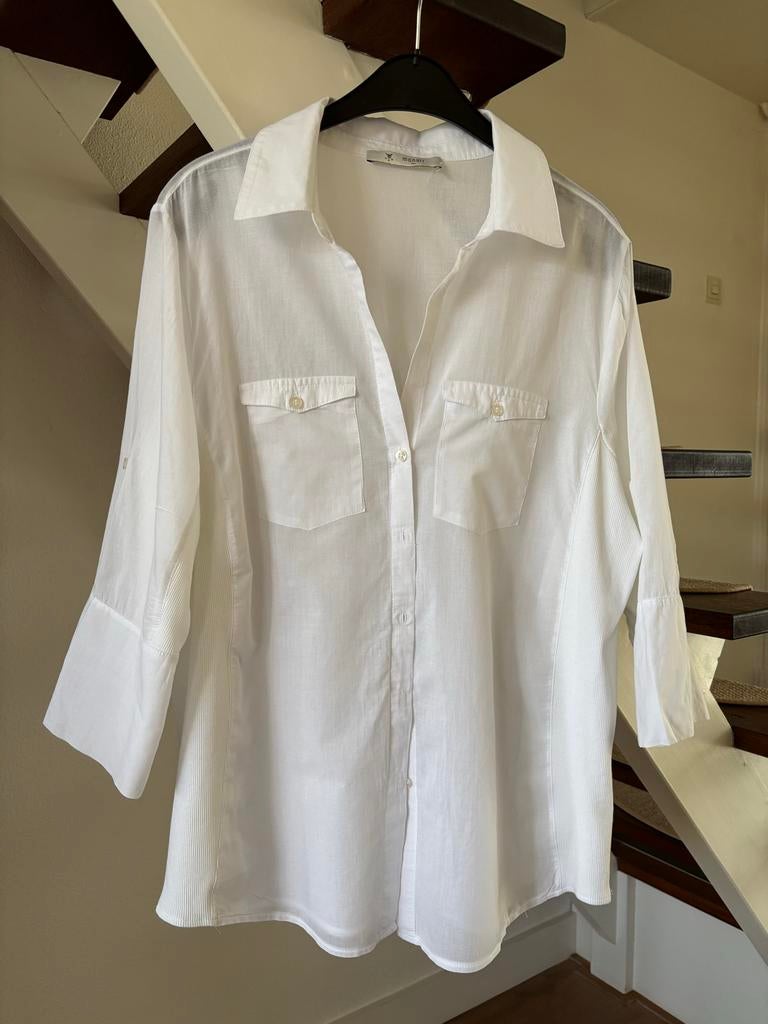 Monari Linnen Blouse met Zijpanden van Rekbare Stof maat 42, Ophalen of Verzenden, Gedragen, Maat 38/40 (M), Wit