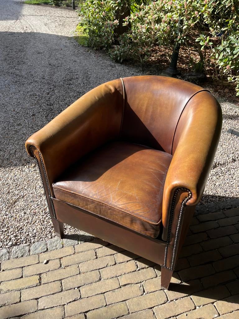Engelse schapenlederen Club fauteuil, Huis en Inrichting, Fauteuils, Gebruikt, Leer, 75 tot 100 cm, Ophalen