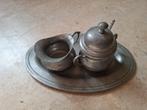 Antieke tinnen suikerpot en melkkan op dienblad, Ophalen of Verzenden